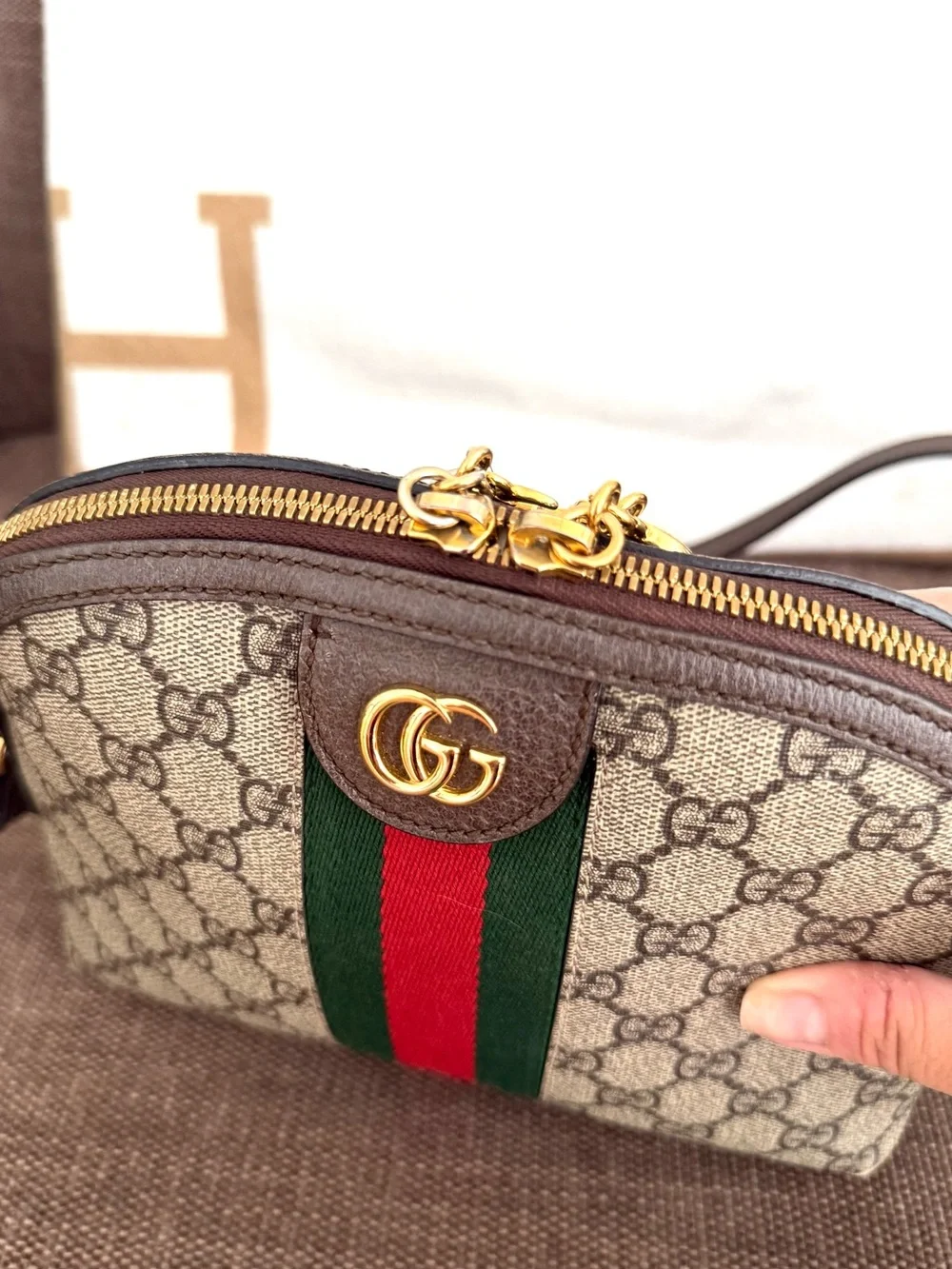 Authentic Gucci Ophedia dome crossbody bag brown GG monogram supreme canvas